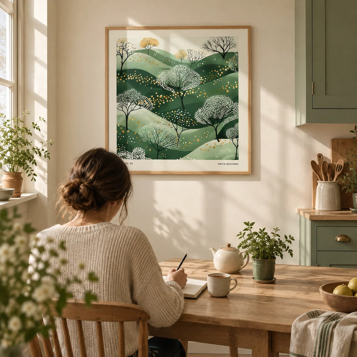 Wall Art Green, framed on the wall of a calm cottage kitchen with a cream wall and sage green painted cabinets