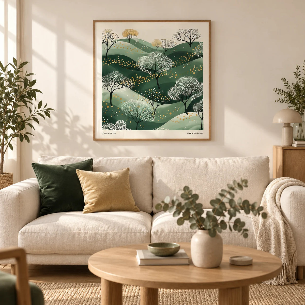 Wall Art Green, framed on the wall of a calm Scandi living room with a soft cream wall and a light oak floor