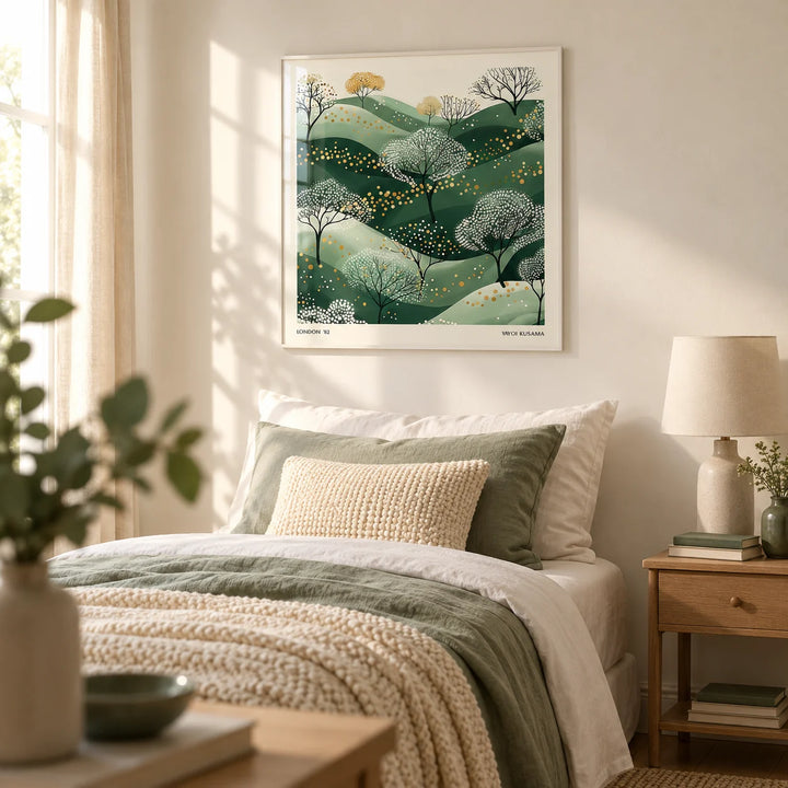 Wall Art Green, framed on the wall of a calm single guest bedroom with a warm white wall