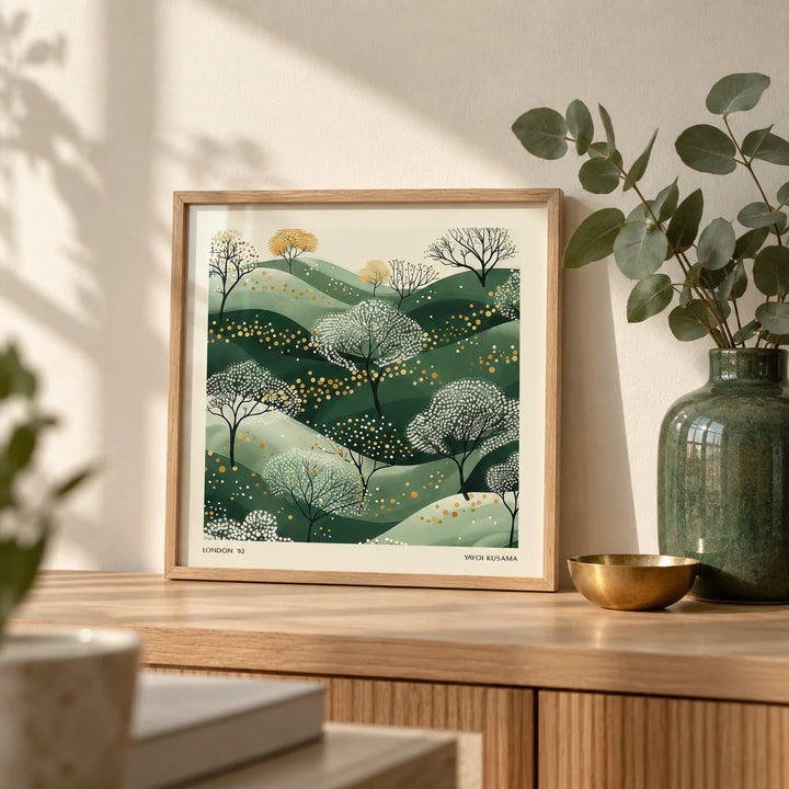 Wall Art Green, a small A4 framed print leaning on a pale oak shelf in a living room