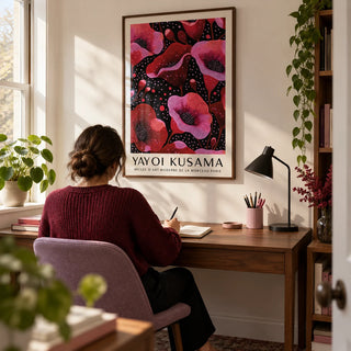 Wall Art in Pink, framed on the wall of a compact creative study in a UK flat with warm white walls and a walnut desk