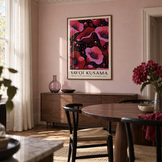 Wall Art in Pink, framed on the wall of a contemporary dining room in a Victorian terrace with pale pink plaster walls and simple walnut furniture