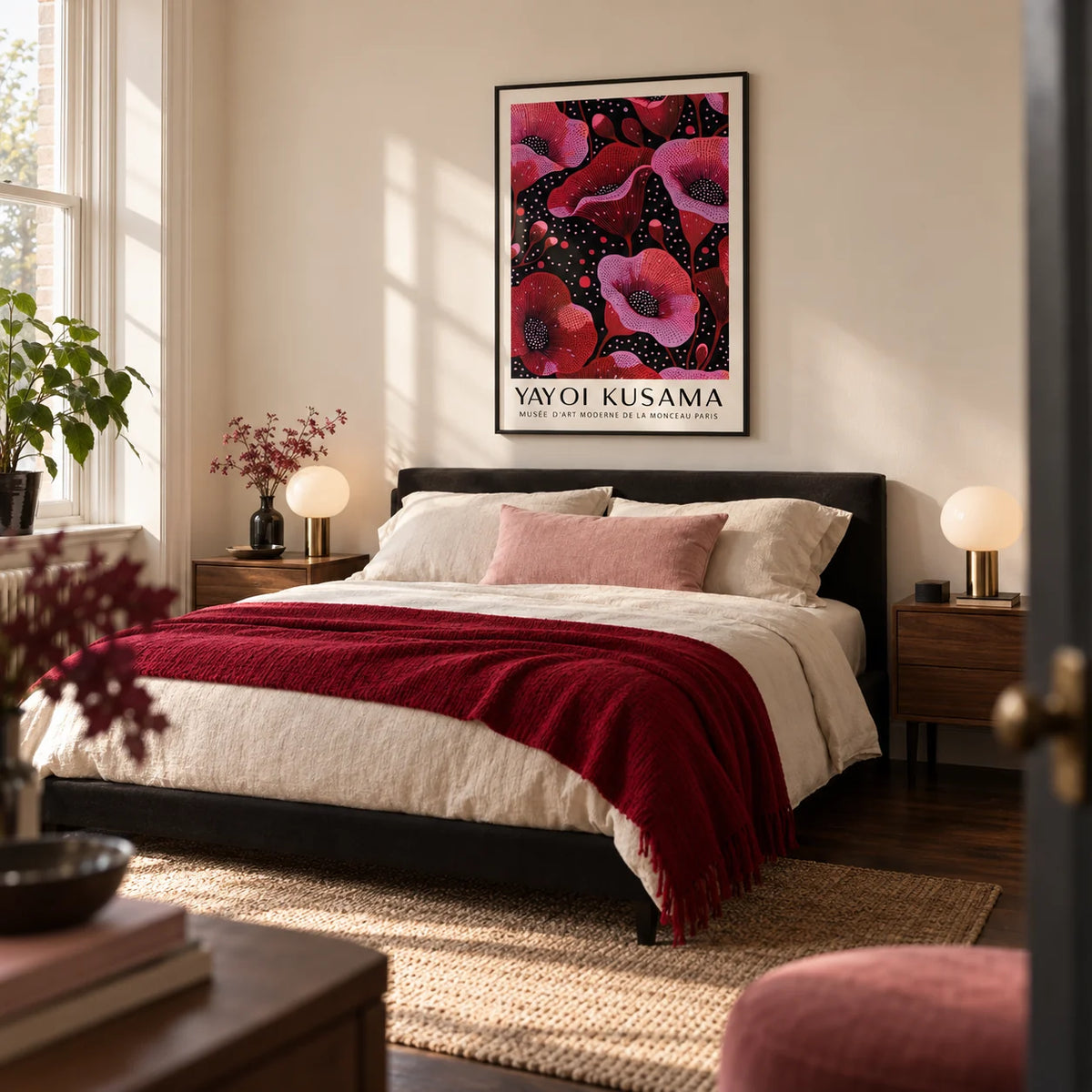 Wall Art in Pink, framed on the wall of a design-conscious adult bedroom in a UK townhouse with a warm ivory wall and dark oak floor