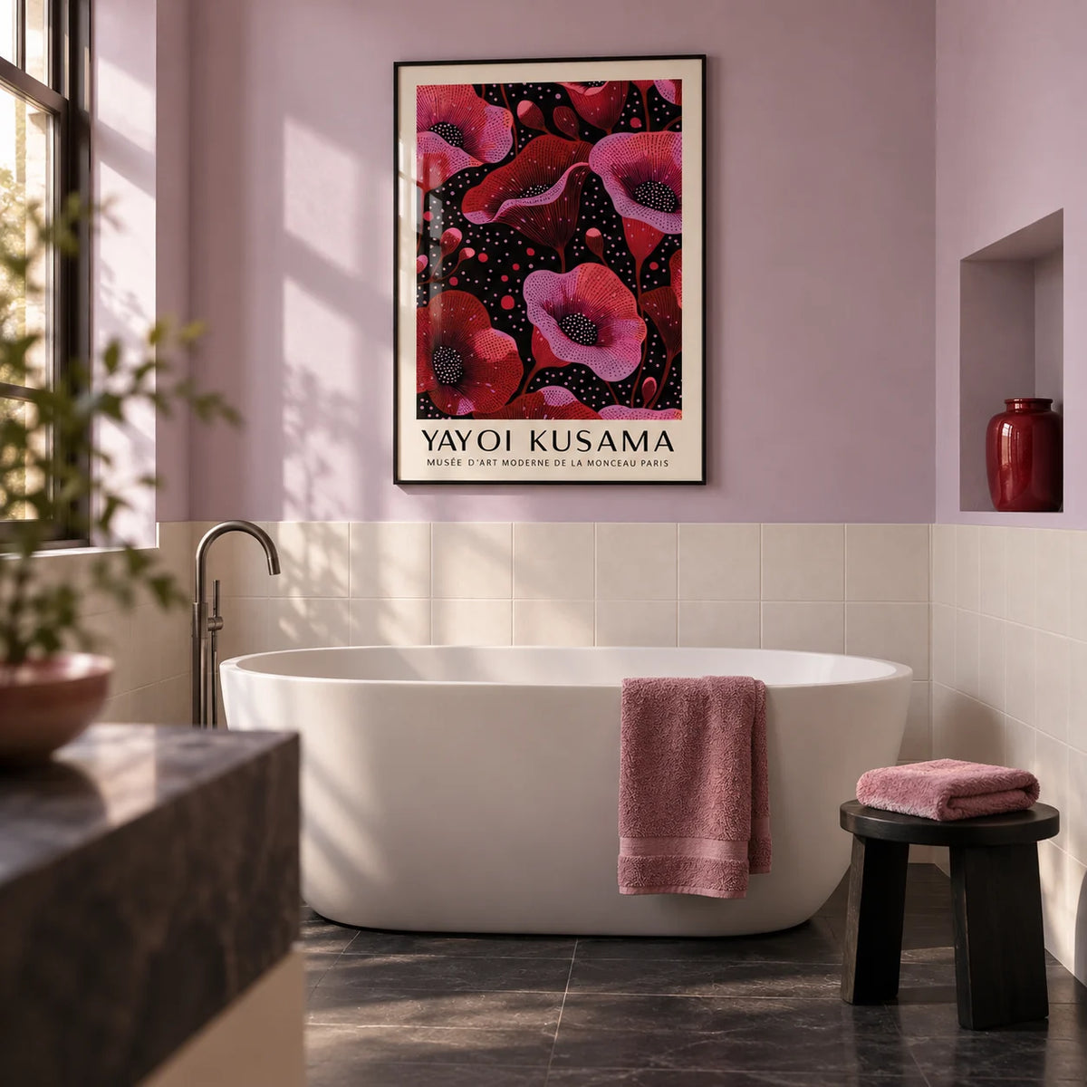 Wall Art in Pink, framed on the wall of a modern bathroom with a pale lilac painted wall above plain ivory tiles and a charcoal stone floor