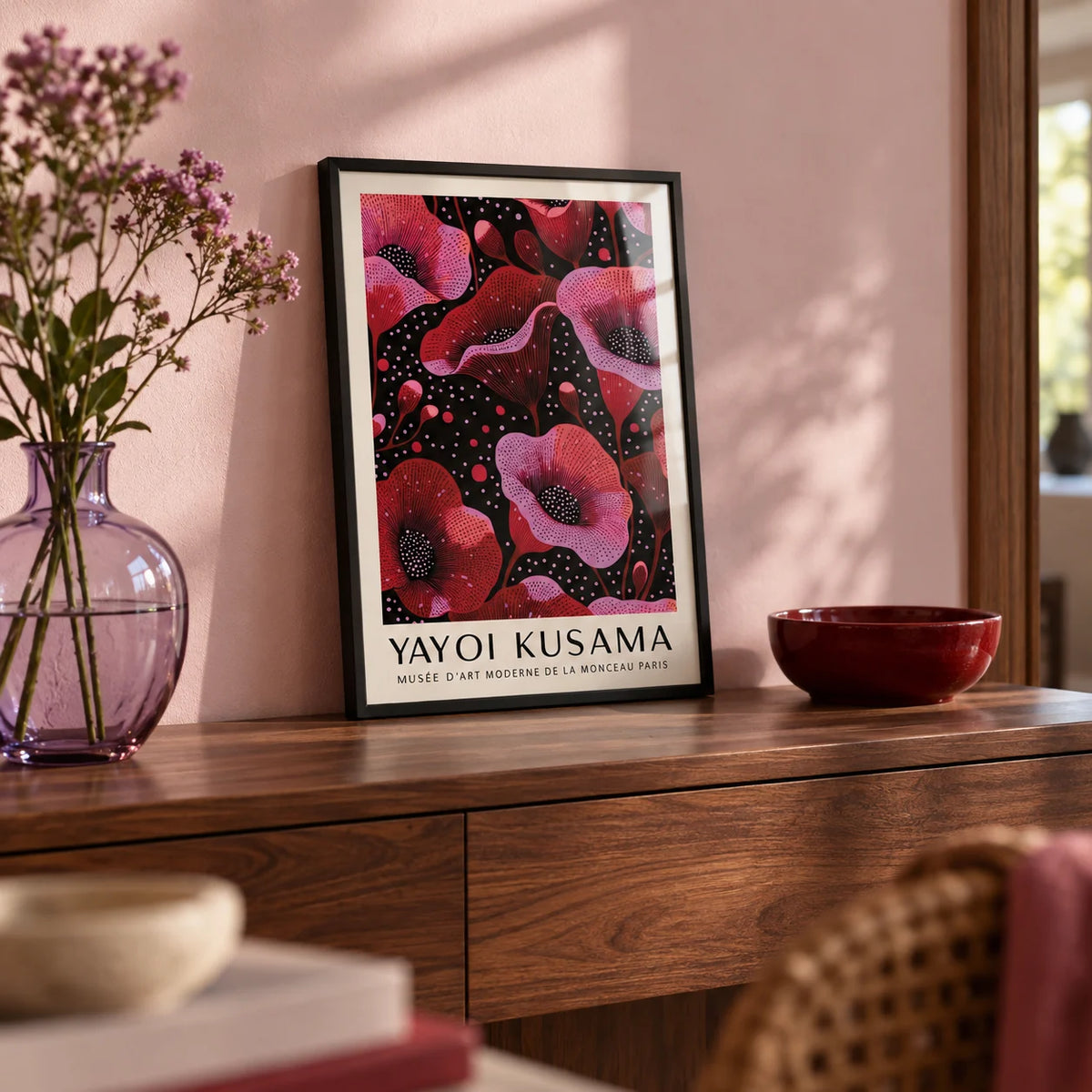 Wall Art in Pink, a small A4 framed print leaning on a walnut hallway side table