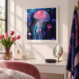 Wall Art Jellyfish, framed on the wall of a bright dressing area with a white wall