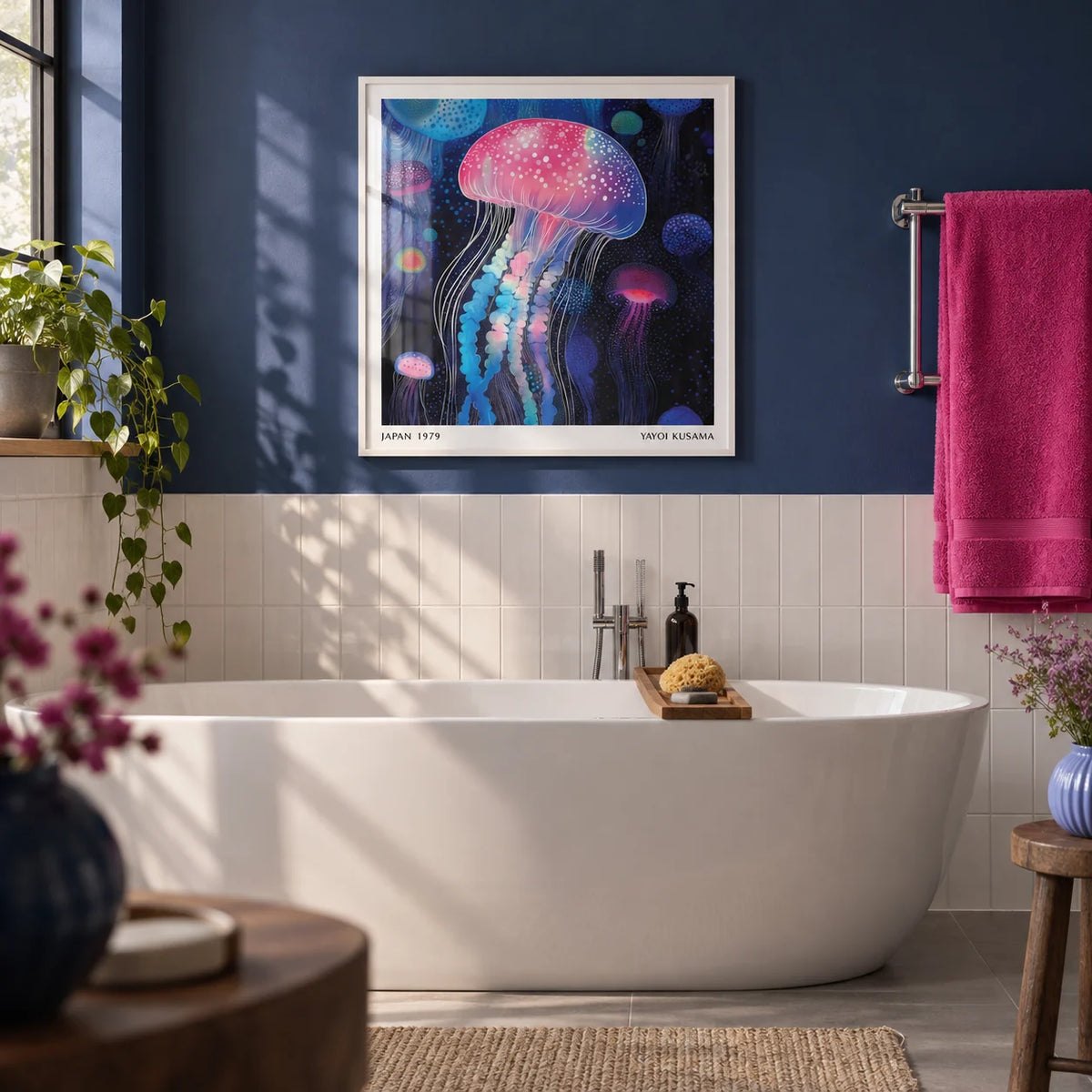 Wall Art Jellyfish, framed on the wall of a modern bathroom with a deep indigo painted wall and plain white tiles below