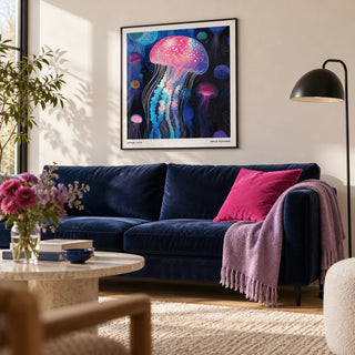 Wall Art Jellyfish, framed on the wall of a modern living room with a warm white wall and a pale oak floor