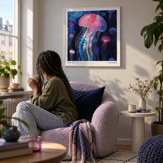 Wall Art Jellyfish, framed on the wall of a reading nook in a first flat (22-28) with a pale grey wall in a living room