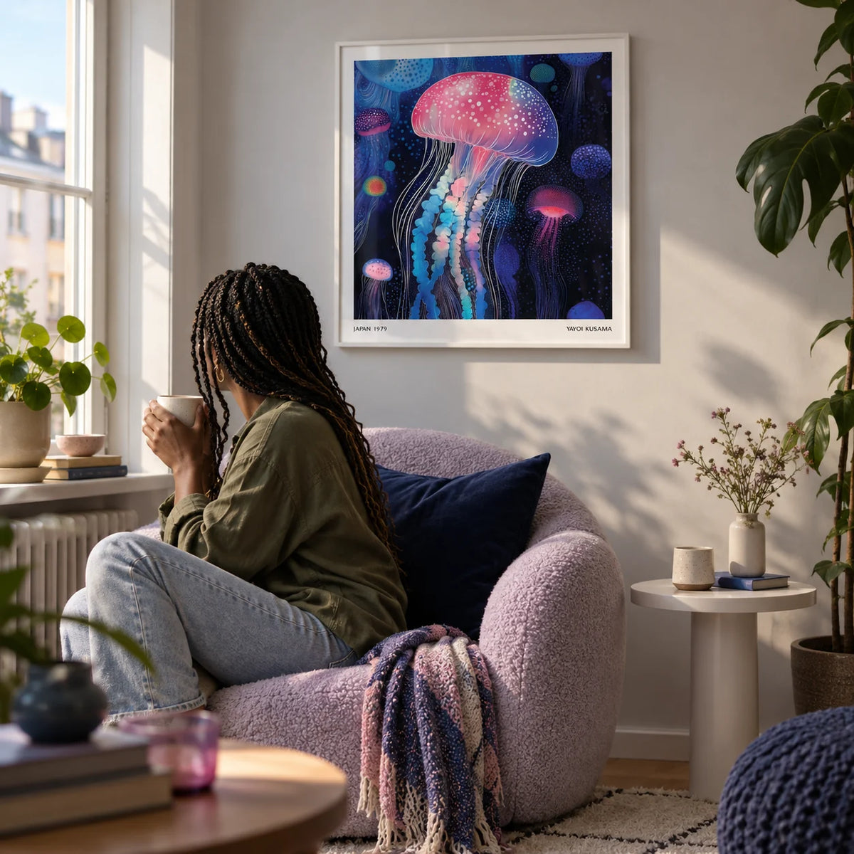 Wall Art Jellyfish, framed on the wall of a reading nook in a first flat (22-28) with a pale grey wall in a living room