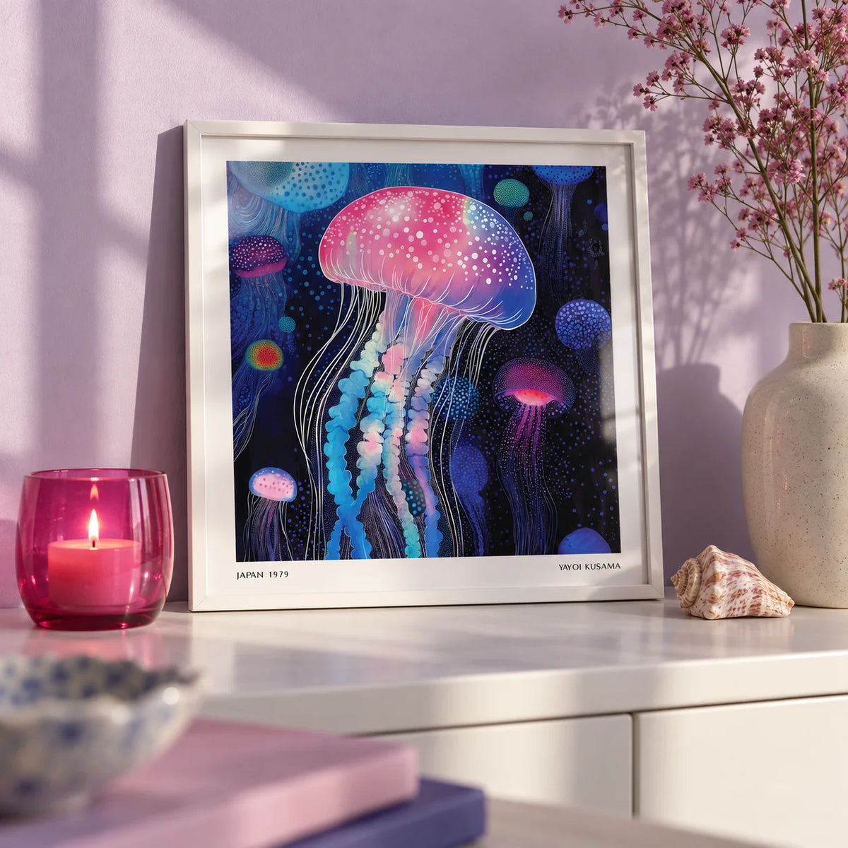 Wall Art Jellyfish, a small A4 framed print leaning on a white shelf in a living room