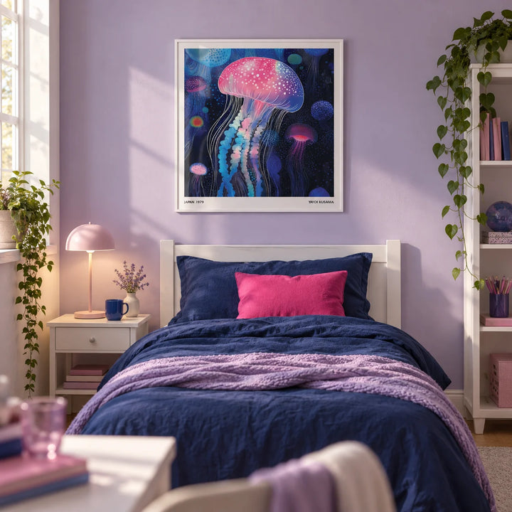 Wall Art Jellyfish, framed on the wall of a teen girl's bedroom (13-17) with a soft lilac painted wall