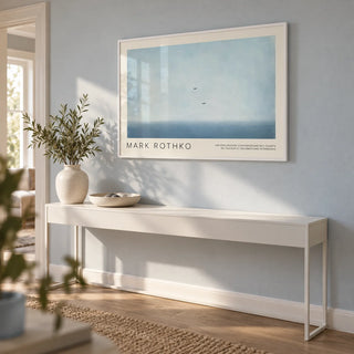 Wall Art Light Blue, framed on the wall of a calm hallway with a pale blue-grey wall