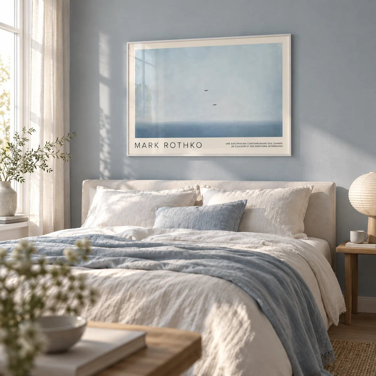 Wall Art Light Blue, framed on the wall of a calm Scandi bedroom with a soft grey-blue wall