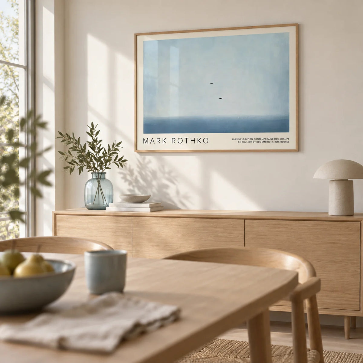 Wall Art Light Blue, framed on the wall of a minimal dining room with a warm white wall