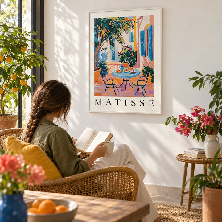 Wall Art Mediterranean, framed on the wall of a bright garden room with a white wall in a living room