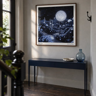 Wall Art Night Sky, framed on the wall of a characterful hallway in a renovated UK terrace with pale grey plaster walls and dark timber floorboards