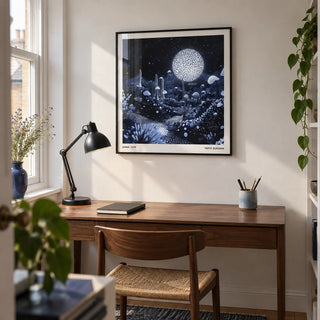 Wall Art Night Sky, framed on the wall of a compact modern home study in a UK terrace with a chalk white wall and a walnut desk