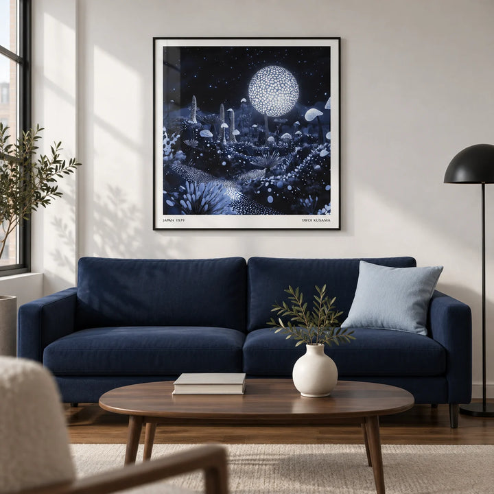 Wall Art Night Sky, framed on the wall of a modern living room in a UK city flat with a soft white wall
