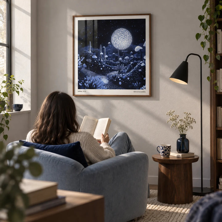 Wall Art Night Sky, framed on the wall of a quiet reading corner in a first flat for an adult aged 22-28 with a pale grey wall in a living room