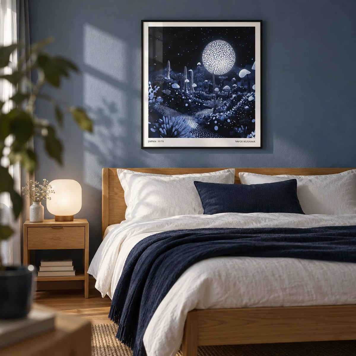 Wall Art Night Sky, framed on the wall of a restful contemporary double bedroom with a muted blue wall and warm oak floor