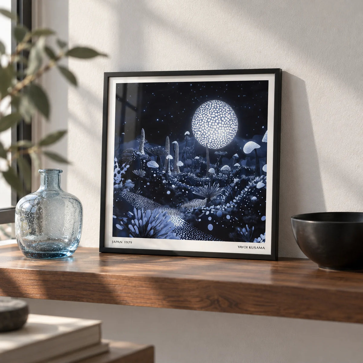 Wall Art Night Sky, a small A4 framed print leaning on a walnut shelf in a living room