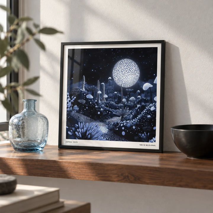 Wall Art Night Sky, a small A4 framed print leaning on a walnut shelf in a living room