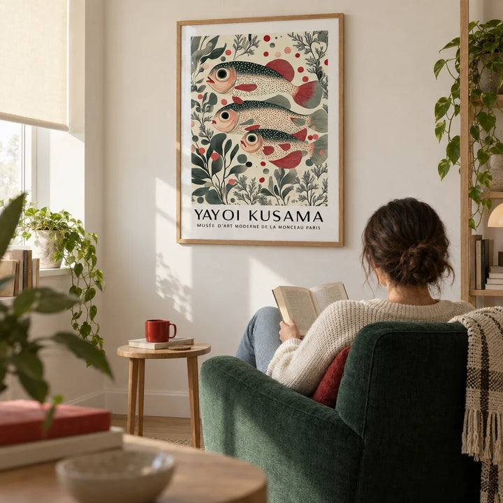 Wall Art of Fish, framed on the wall of a bright reading corner in a UK first flat for an adult aged 25-35 with an off-white wall in a living room