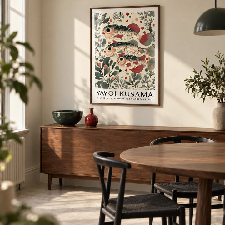 Wall Art of Fish, framed on the wall of a compact dining room in a design-led UK terrace with a warm cream wall and a plain pale floor