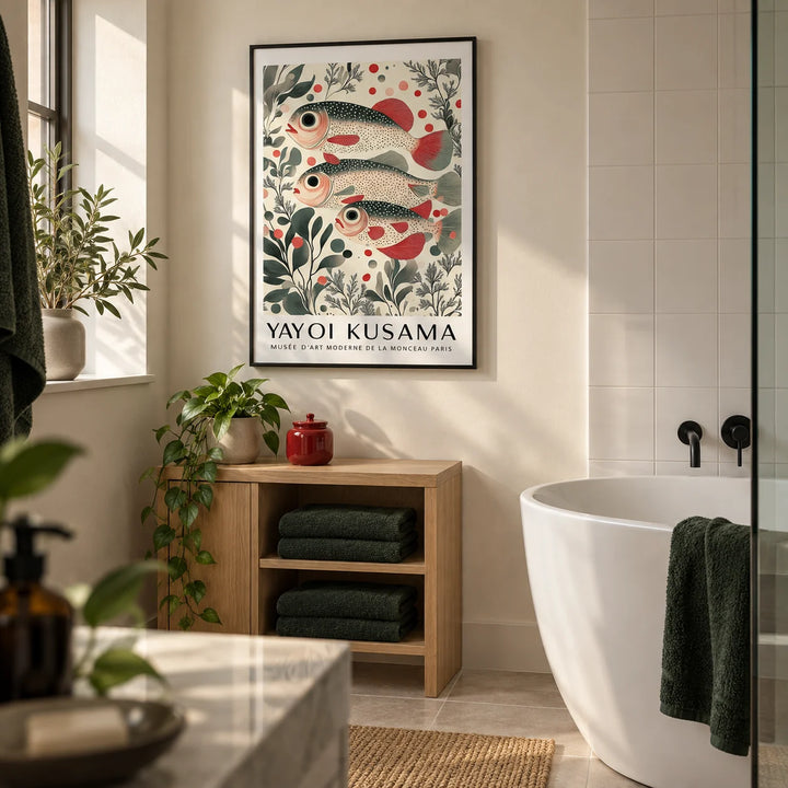 Wall Art of Fish, framed on the wall of a modern bathroom in a UK flat with a cream painted wall and plain white tiles
