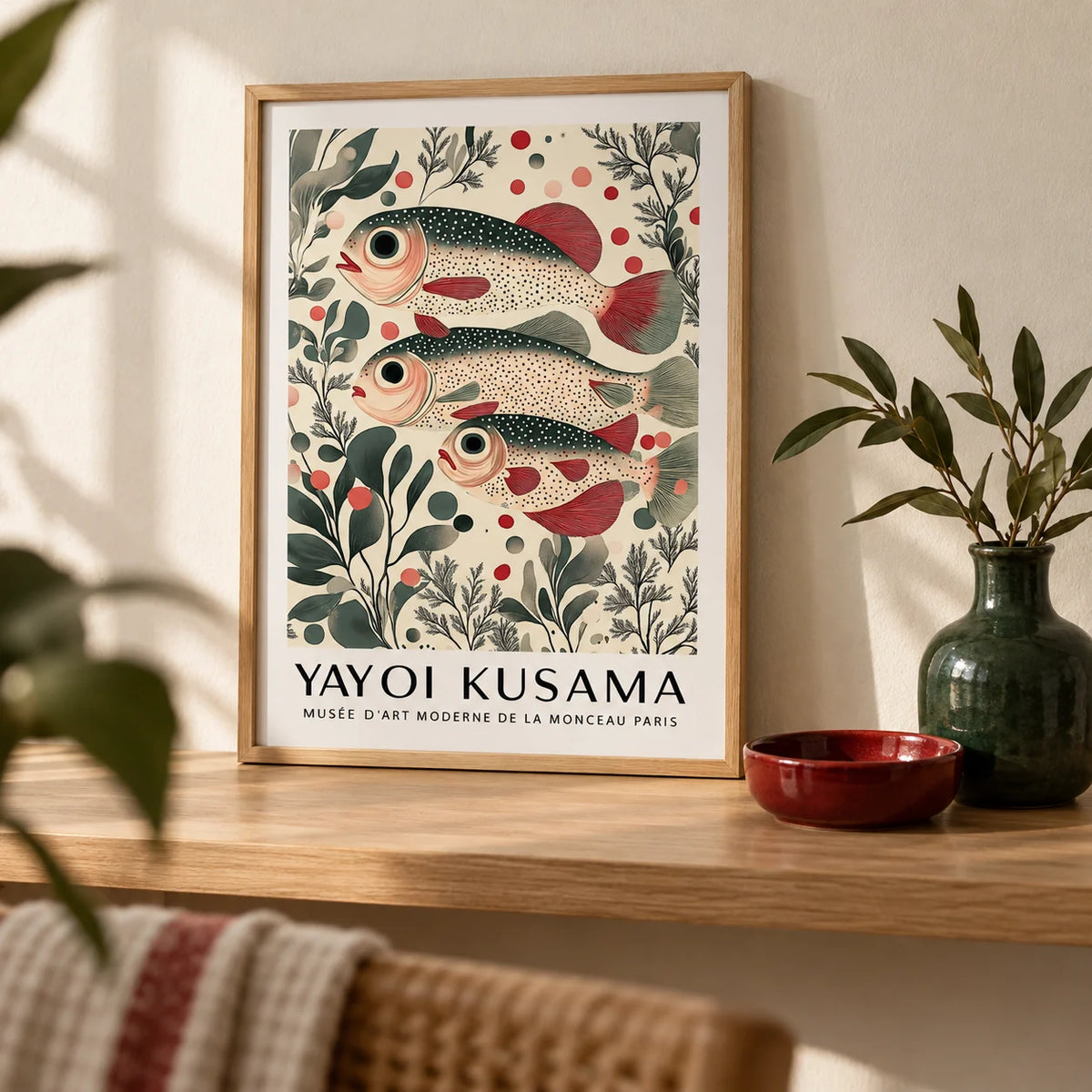 Wall Art of Fish, a small A4 framed print leaning on a pale oak shelf in a living room