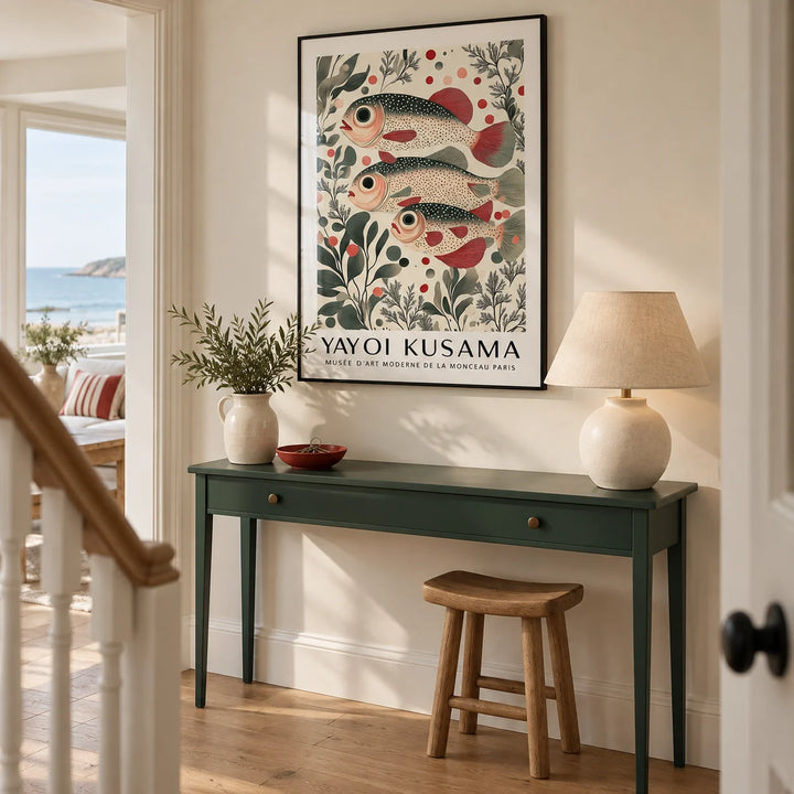 Wall Art of Fish, framed on the wall of a welcoming hallway in a contemporary UK seaside home with a pale cream wall and oak floorboards