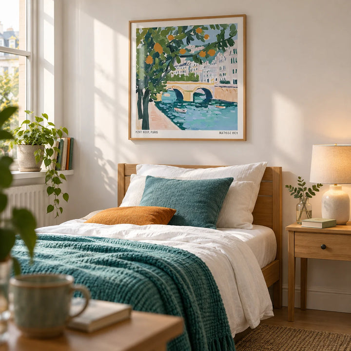 Wall Art of Paris, framed on the wall of a bright single bedroom in a first flat (22-28) with a soft white wall