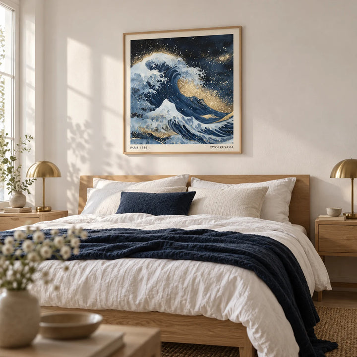 Wall Art of the Ocean, framed on the wall of a calm bedroom with a soft white wall