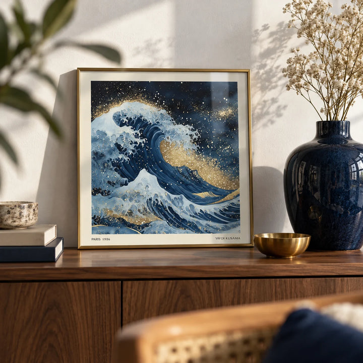 Wall Art of the Ocean, a small A4 framed print leaning on a walnut shelf in a living room