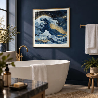Wall Art of the Ocean, framed on the wall of a smart bathroom with a deep navy painted wall and a white freestanding bath