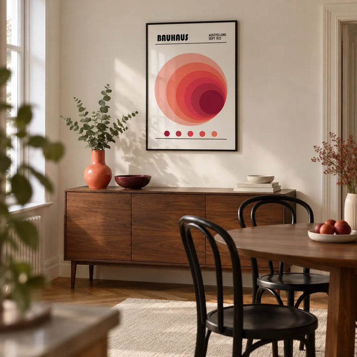 Wall Art Office, framed on the wall of a compact modern dining room in a UK terrace with a warm white wall