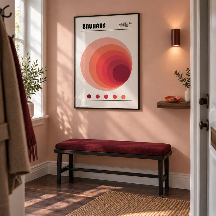 Wall Art Office, framed on the wall of a crisp entrance hallway in a renovated UK maisonette with a pale salmon painted wall and dark timber floor