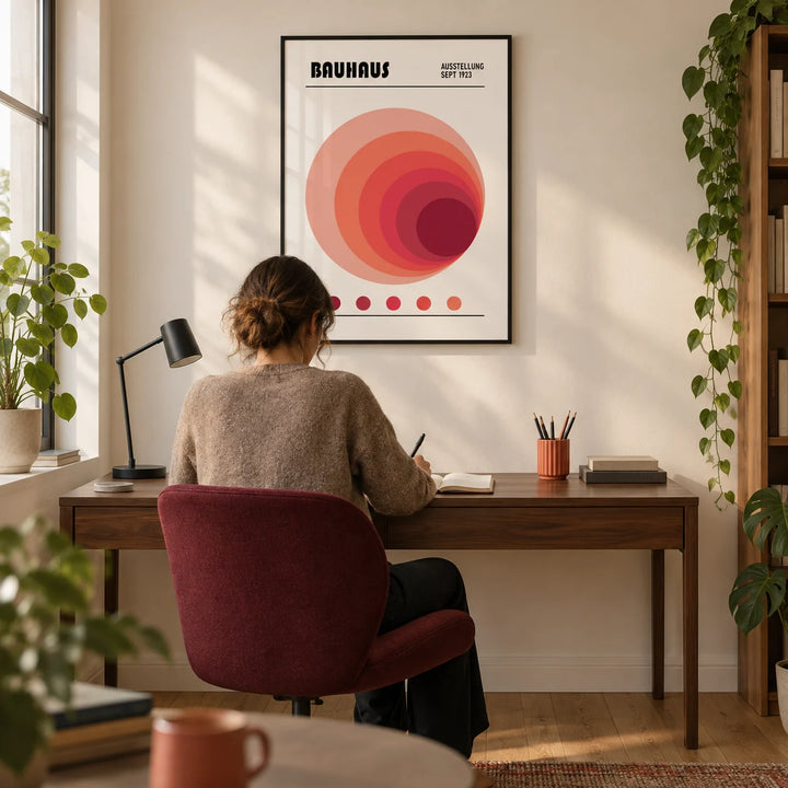 Wall Art Office, framed on the wall of a design-led home office in a UK city flat with a warm white wall and oak floor