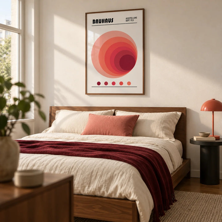 Wall Art Office, framed on the wall of a modern bedroom for a design-conscious couple in a UK flat with a warm white wall