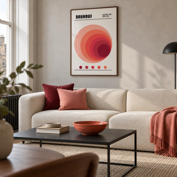 Wall Art Office, framed on the wall of a modern living room in a converted UK flat with a pale grey plaster wall