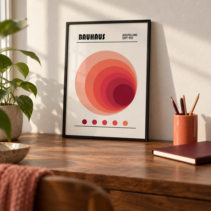 Wall Art Office, a small A4 framed print leaning on a walnut desk