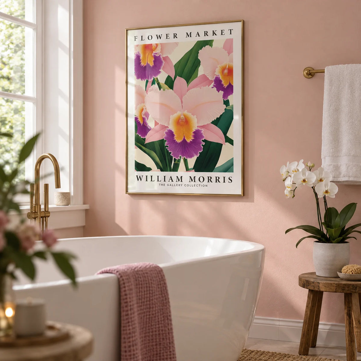Wall Art Orchids, framed on the wall of a calm bathroom with a blush pink painted wall and a white freestanding bath