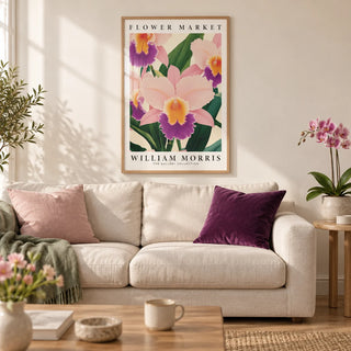 Wall Art Orchids, framed on the wall of a calm living room with a soft cream wall and a light oak floor