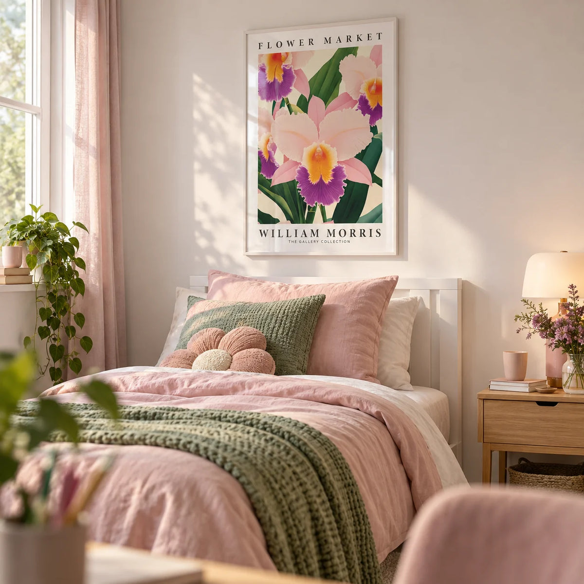 Wall Art Orchids, framed on the wall of a pretty single bedroom for a teen girl (13-17) with a soft white wall