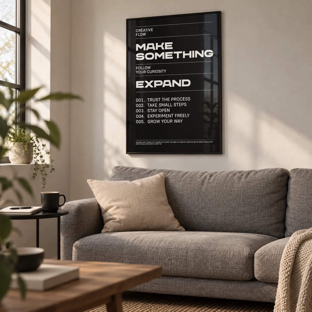 Wall Art Phrases, framed on the wall of a first-flat living room (22-28)