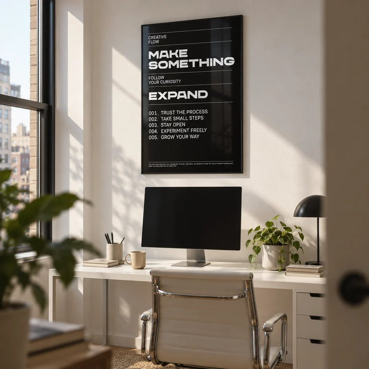 Wall Art Phrases, framed on the wall of a minimal home office in a city flat