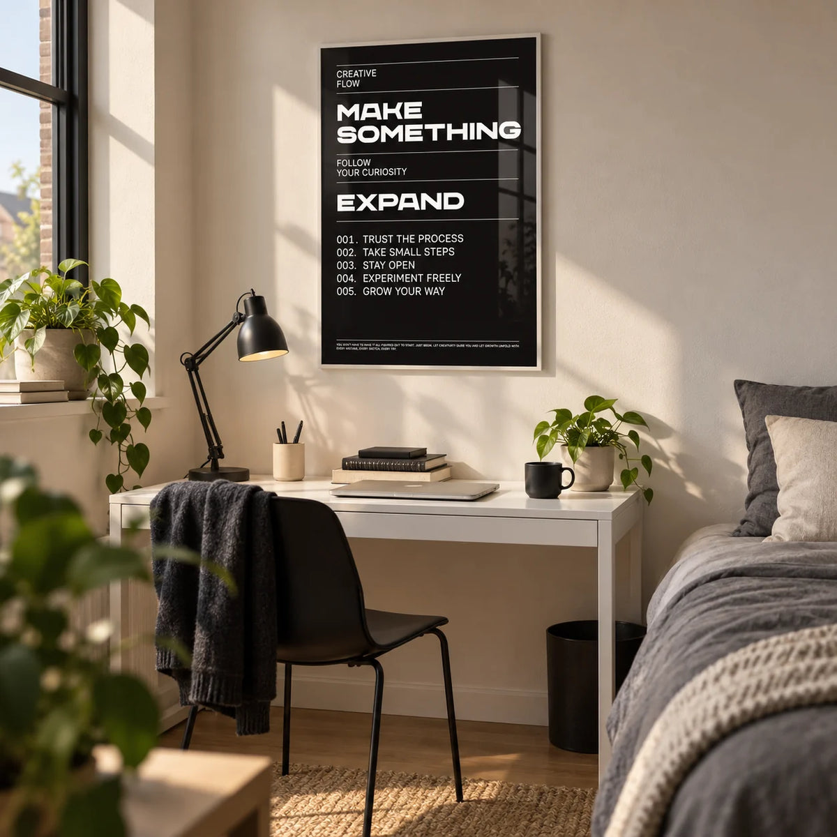 Wall Art Phrases, framed on the wall of a tidy uni bedroom (18-21)