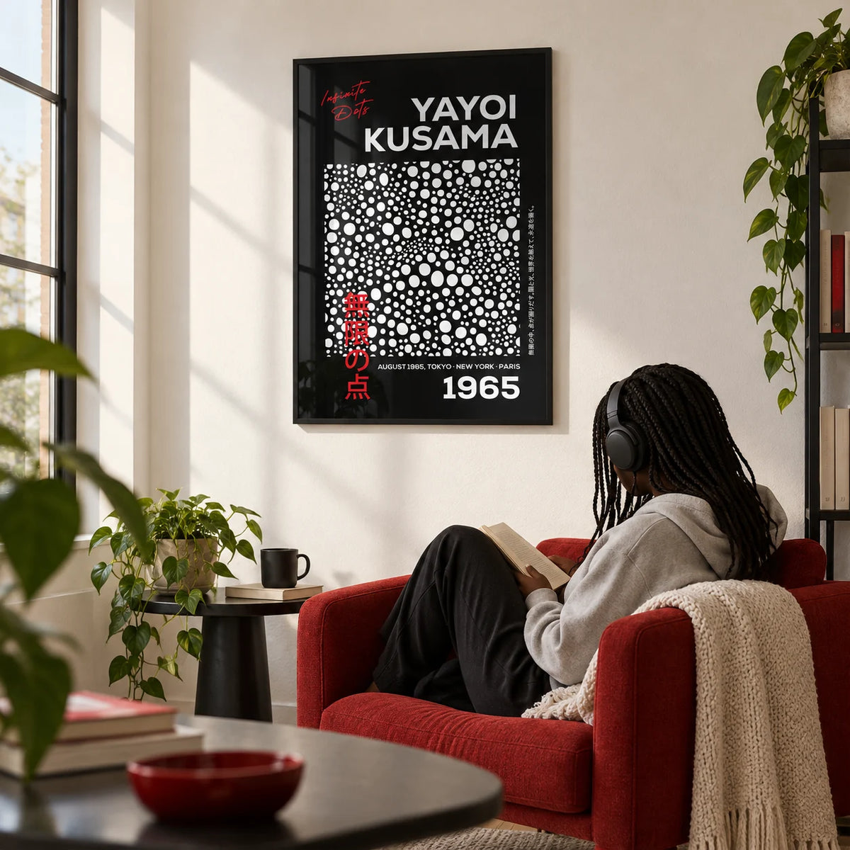 Wall Art Polka Dots, framed on the wall of a modern reading corner with a white wall in a living room