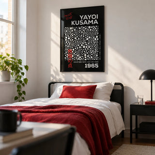 Wall Art Polka Dots, framed on the wall of a young adult's bedroom in a first flat (22-28) with a white wall